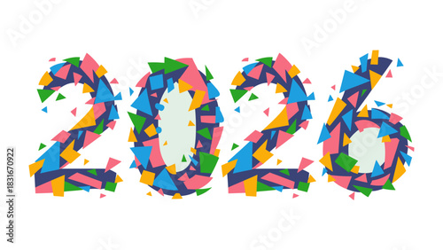 Year 2026 Celebration: A vibrant and colorful design, crafted from a mosaic of bright triangles, announces the arrival of the year 2026.