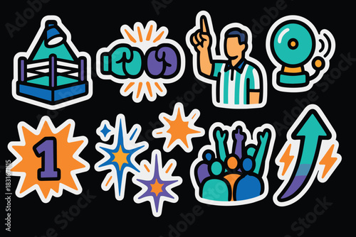 Colorful boxing icons and sports elements with referee and cheerful crowd illustrations for graphic design