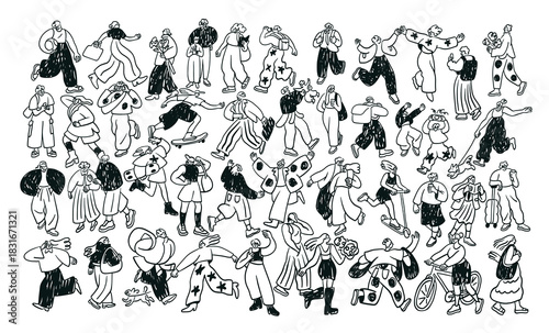 People crowd outdoors in doodle style. Many different characters group walking, running on urban street, charcoal sketch scribble drawing. Hand-drawn vector illustration isolated on white background