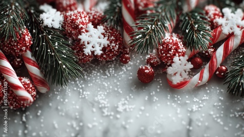 Festive holiday decoration with candy canes and snowflakes.