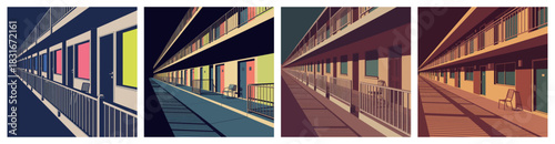 Liminal Space Art with Hotel Corridor and Colorful Rooms