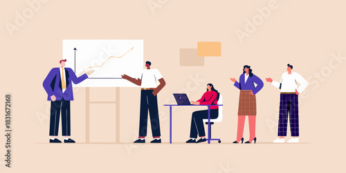 Diverse team discussing business growth chart in a modern office