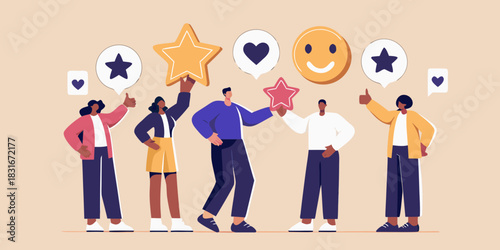 Diverse group of people holding star ratings heart icons and smiley face