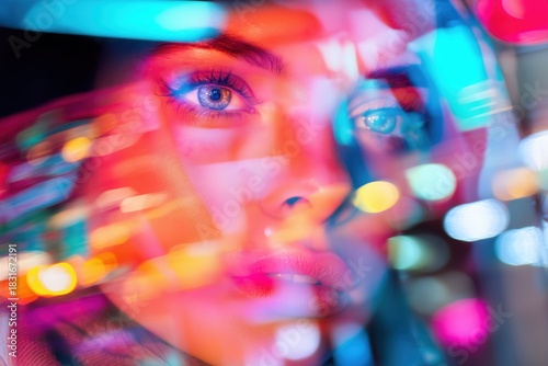 Colorful neon portrait of a woman with glowing lights and vibrant blurred reflections