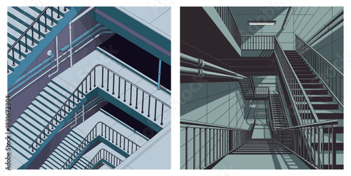 Liminal Architecture with Staircase Designs and Geometric Patterns