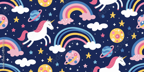 Seamless pattern with unicorns rainbows planets and stars on dark blue background
