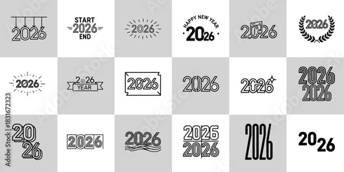 Dynamic collection of 2026 year numeric designs and typographic concepts, perfect for crafting contemporary New Year greetings, digital content, and promotional materials for upcoming events