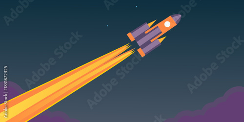 Cartoon rocket launching into space with fire and clouds
