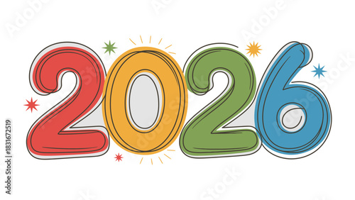 Colorful 2026: A vibrant and playful illustration features the year 2026 in a cheerful, hand-drawn style, perfect for marking future events and aspirations.
