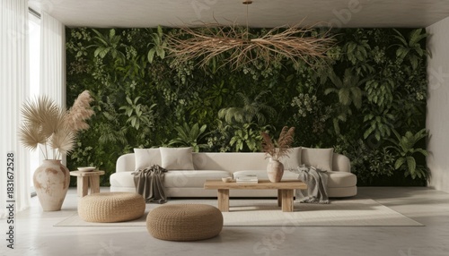 Minimalist living room with natural decor and lush green plant wall symbolizing eco design, calm lifestyle and connection between nature and modern home