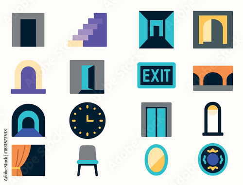Liminal Space Icons with Doors, Windows, Stairs, and Clocks