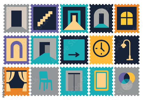 Liminal Space Stamps with Doors, Stairs, Windows, and Clocks
