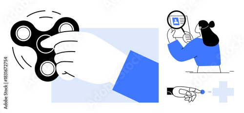 Research concept combining fidget spinner and magnifying glass imagery. Research tools and exploration by dynamic shapes. For science, education, health, innovation, and analysis