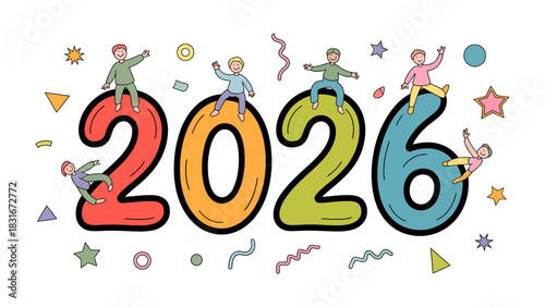 A Vision of the Future: Tiny figures playfully perch atop the vibrant numbers 2026, creating a visual celebration of the coming year's promise and anticipation.