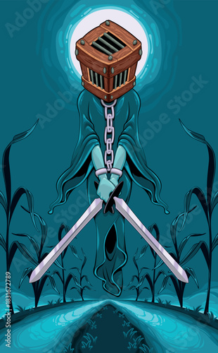 Ghost with two swords in a cornfield at night. Vector cartoon horror illustration.
