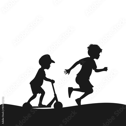 Two silhouettes black design children running alone on a scooter along the path