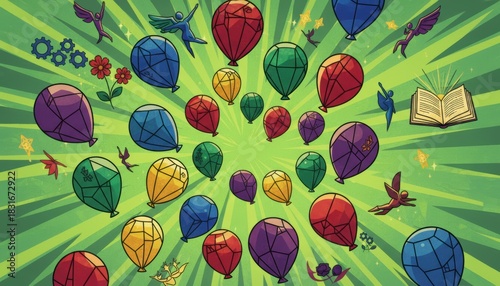 A vibrant illustration of numerous colorful balloons spiraling outwards on a radiant green background, interspersed with whimsical elements like flying creatures.