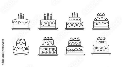 Collection of eight simple line art birthday cakes with candles silhouette