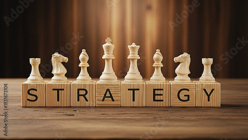 Chessboard Strategy: The elegant chess pieces stand tall on a wooden surface, with the word STRATEGY boldly displayed, symbolizing a deliberate and thoughtful approach to planning and decision-making.