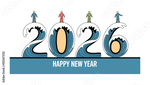 New Year's Wave: A festive display of the year 2026 symbolized by ocean waves, with figures atop each number, celebrating the coming year and conveying optimistic anticipation.