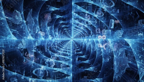 Abstract blue digital tunnel with swirling data and light, representing cyberspace and infinite technological pathways.