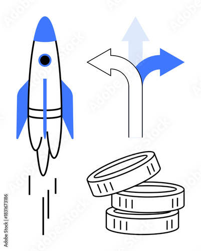 Rocket launching upward, three diverging arrows for choicedirection, and stacked coins for investmentgrowth. Ideal for innovation, finance, decision-making, strategy, progress, opportunities simple