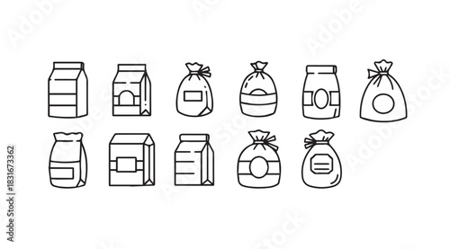 Collection of hand drawn package and bag silhouettes for food and goods