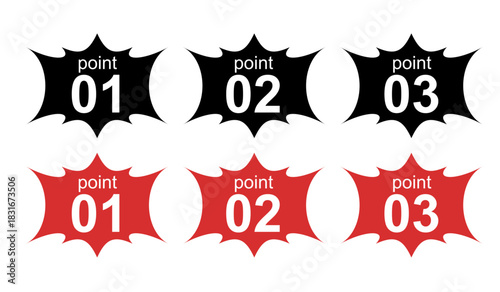 「ポイント 01, 02, 03」文字入り！爆発・集中線風アイコンセット  強調表示や注目ポイントに！赤と黒のシンプルな集中線アイコン (あしらい シンプル 飾り 装飾 ベクター 編集可能) 