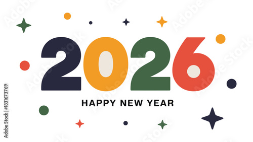 New Year's Greetings 2026: A vibrant and colorful design marks the arrival of 2026, offering warm wishes for a happy new year. Embellished with festive elements.