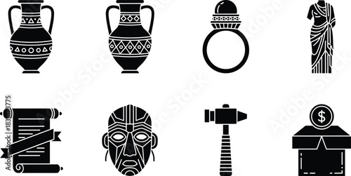 Ancient History Artifacts, Archaeology, and Historical Objects Icon Set Vector Illustration; Greek Amphora, Scroll, Tribal Mask, Statue, Ring, Hammer, and Donation Box.Ancient