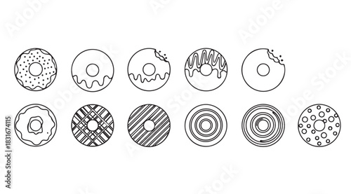 Collection of diverse donut silhouettes with various patterns and toppings silhouette