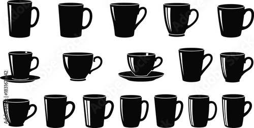 Coffee Mug and Tea Cup Silhouette Collection, Various Beverage Mugs, Espresso Cups with Saucers, Hot Drink Icon Set, Isolated Vector Illustration