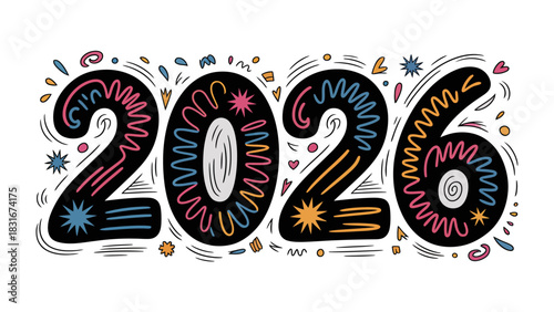 Year 2026 Typography: A vibrant and colorful design for the year 2026, showcasing intricate typography and decorative elements. This playful illustration is perfect for New Year celebrations.