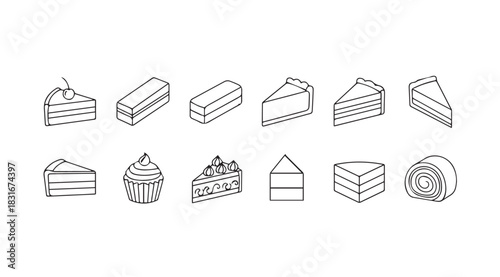 Collection of hand drawn dessert slices and cakes in a clean silhouette style