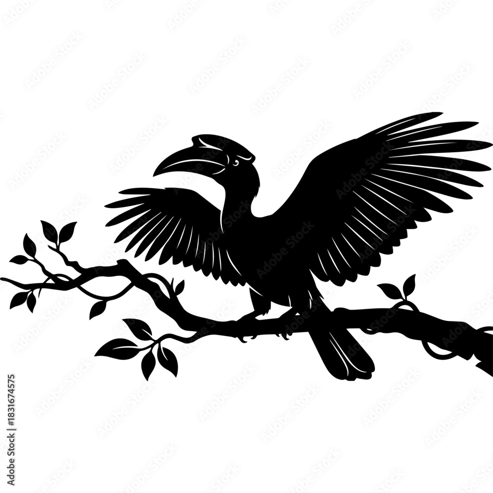 Fototapeta premium Hornbill bird silhouette with outstretched wings perched on a natural leafy branch. Vector.