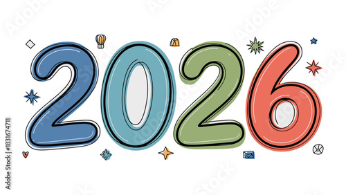 2026: An eye-catching graphic spells out the year 2026, using playful design elements, suggesting new beginnings and prospects.