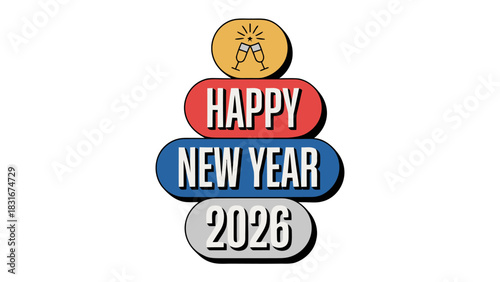 New Year Celebration: Festive design celebrates the new year with a vibrant and playful arrangement of text and icon. conveying a sense of anticipation and excitement for the year ahead.