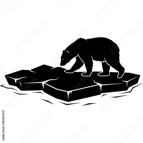 Polar bear silhouette walking on a melting ice floe, symbol of climate crisis Vector