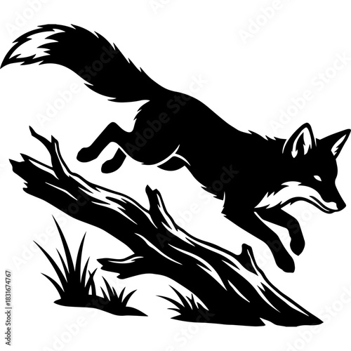 Leaping fox silhouette over a log, graphic illustration of wildlife action. Vector