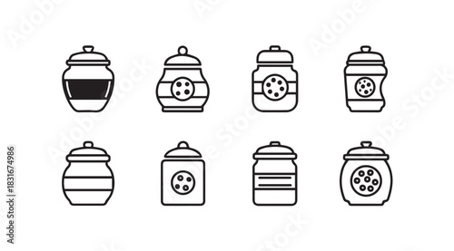 Collection of eight stylized silhouette icons representing different types of jars and containers