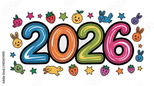 Celebrating the Year 2026: An illustration of the upcoming year, embellished with cheerful graphics. This creative depiction represents the spirit of looking forward and optimism for the future.