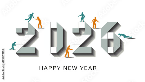 New Year Collaboration: The numerical formation of the new year is depicted, figures work together to construct a visual representation. It is a symbol of unity, and teamwork in the fresh New Year.