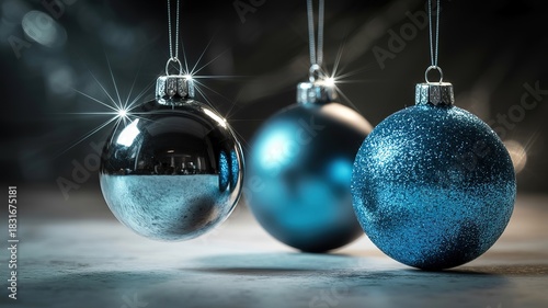 Three hanging blue Christmas baubles glimmer and sparkle, bringing a festive atmosphere to the holiday season