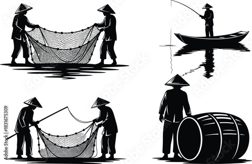 Collection of traditional Asian fishermen silhouettes, men in conical hats casting nets, fishing on boat, vector illustration isolated on white background, rural lifestyle