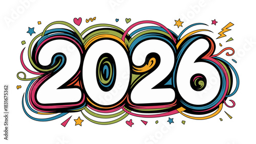 Vision of the Future: The year 2026 is vividly brought to life in a vibrant graphic, swirling with colorful patterns and symbols of hope and innovation.