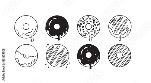 Collection of eight delicious donuts in a silhouette style illustration