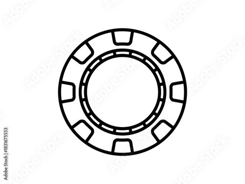 A simple black and white line drawing of a single poker chip against a white background, symbolizing gambling and chance.