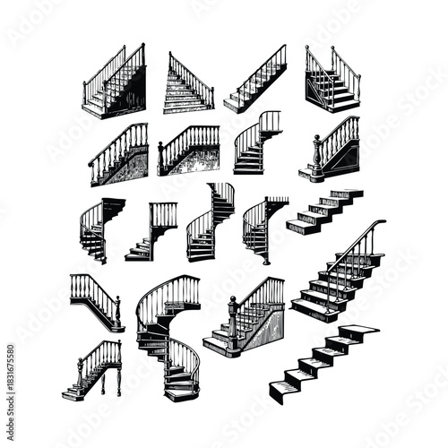 A vast collection of detailed vintage-style illustrations featuring various classic staircases, including straight, winding, and spiral stairs, with detailed balusters and railings