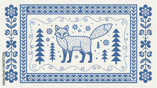 Charming folk art fox with trees and floral border, perfect for vintage holiday designs and rustic themes