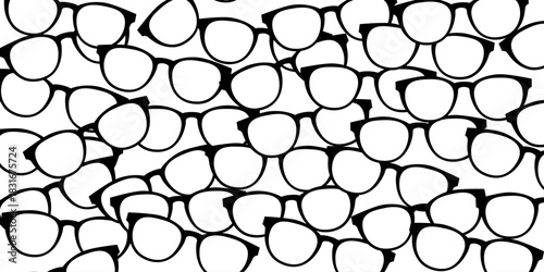 Black and white eyeglasses seamless pattern in clean line style, ideal for stationery, wallpaper, textile prints, and modern fashion-themed backgrounds.